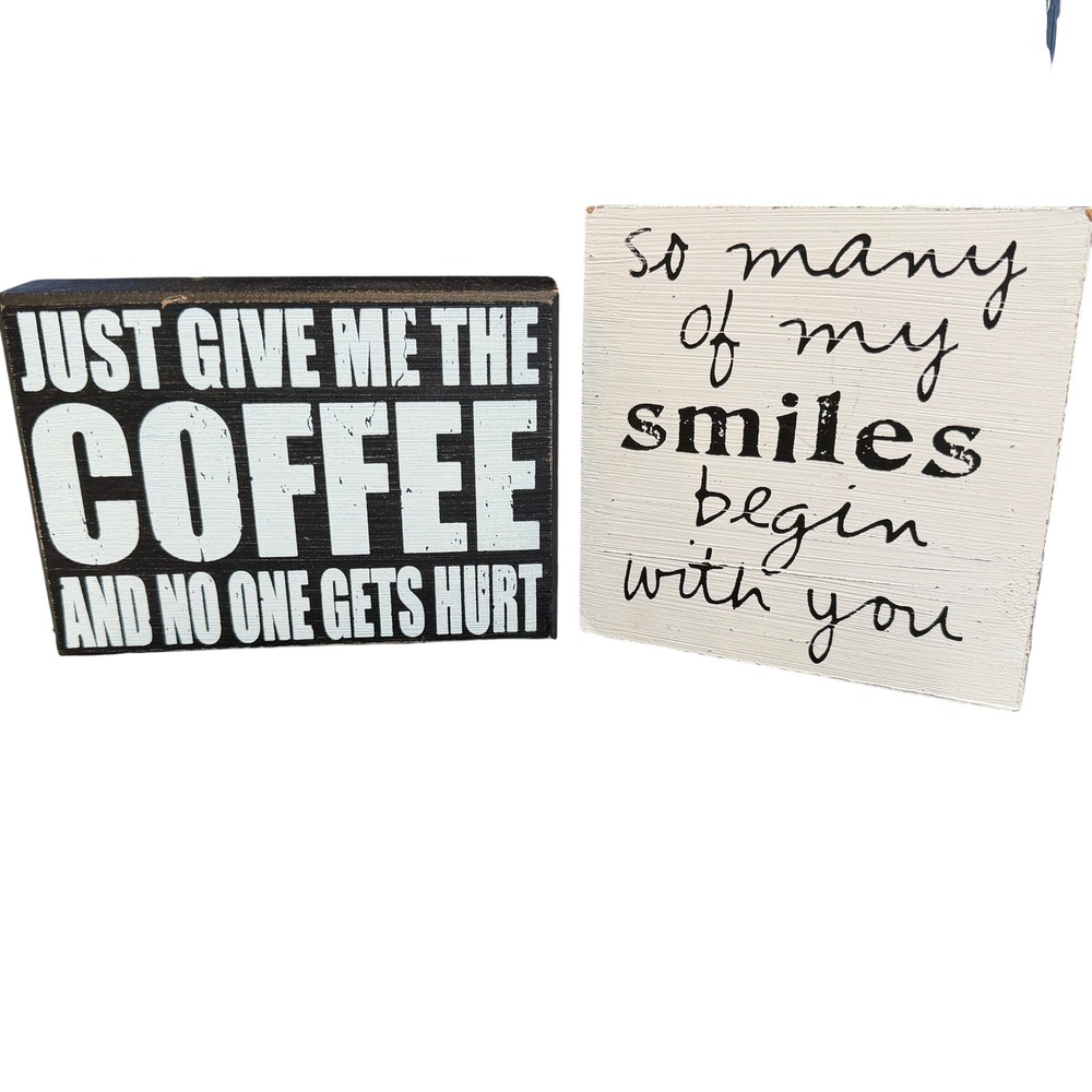 Home Decor Box Signs Set 2 Black White Coffee Smile Teacher Gifts Wall Art Shelf